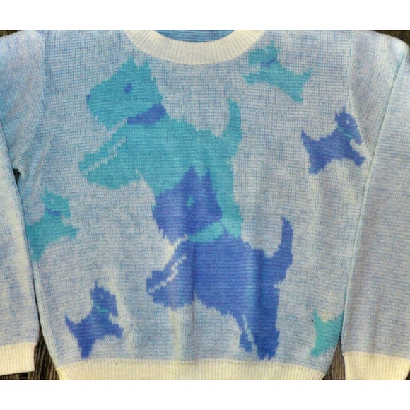1980s Vintage Blocky Scottish Terrier Purple Teal White Sweater Top - Picture 6 of 6